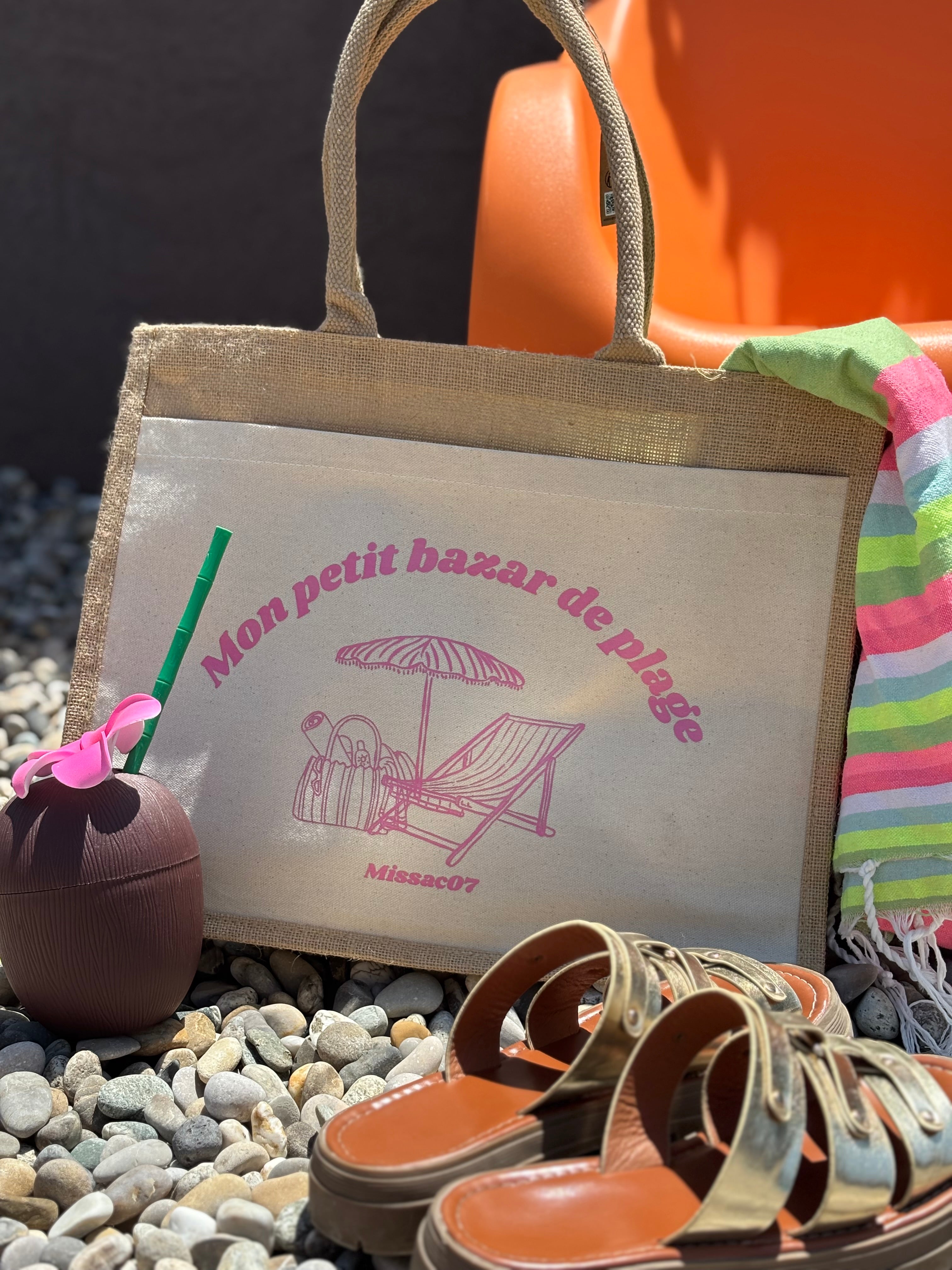 Sac en toile de jute "Mon petit bazar de plage"