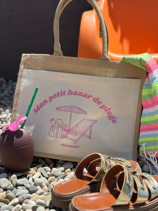 Sac en toile de jute "Mon petit bazar de plage"
